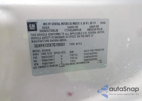 2007 Chevrolet Avalanche 1500 Lt из США, поврежденный, VIN 3GNFK123X7G199301